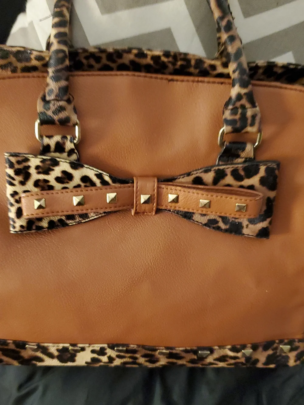 Women’s Tan Leopard Bow Satchel Handbag With Gold Stud Accents